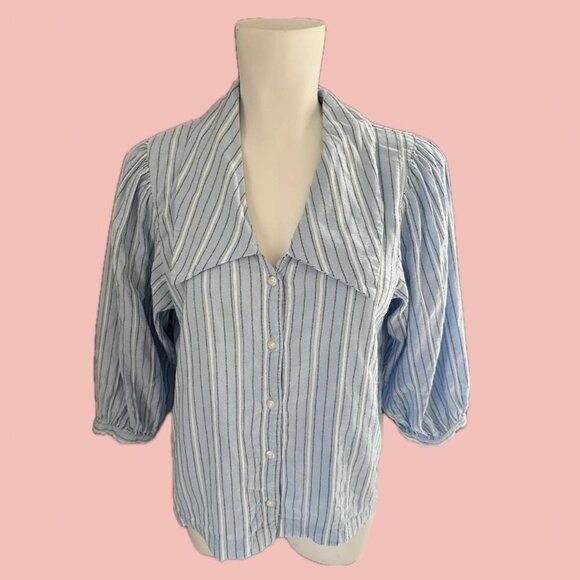 ICHI Tops - ICHI Striped Button-Up Shirt – Sky Blue Cotton Blend – Size 38
